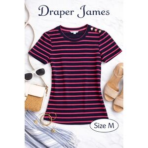 Draper James Navy Pink Stripe Gold Button Top M Preppy Nautical Resortware